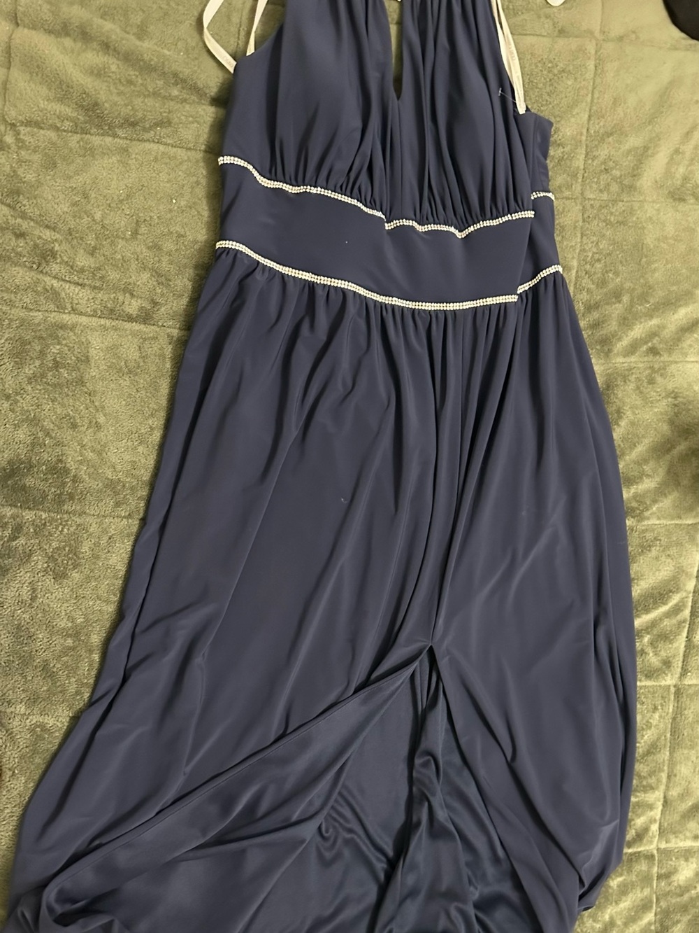 Oleg Cassini Navy Halter Gown with Rhinestone Waist
